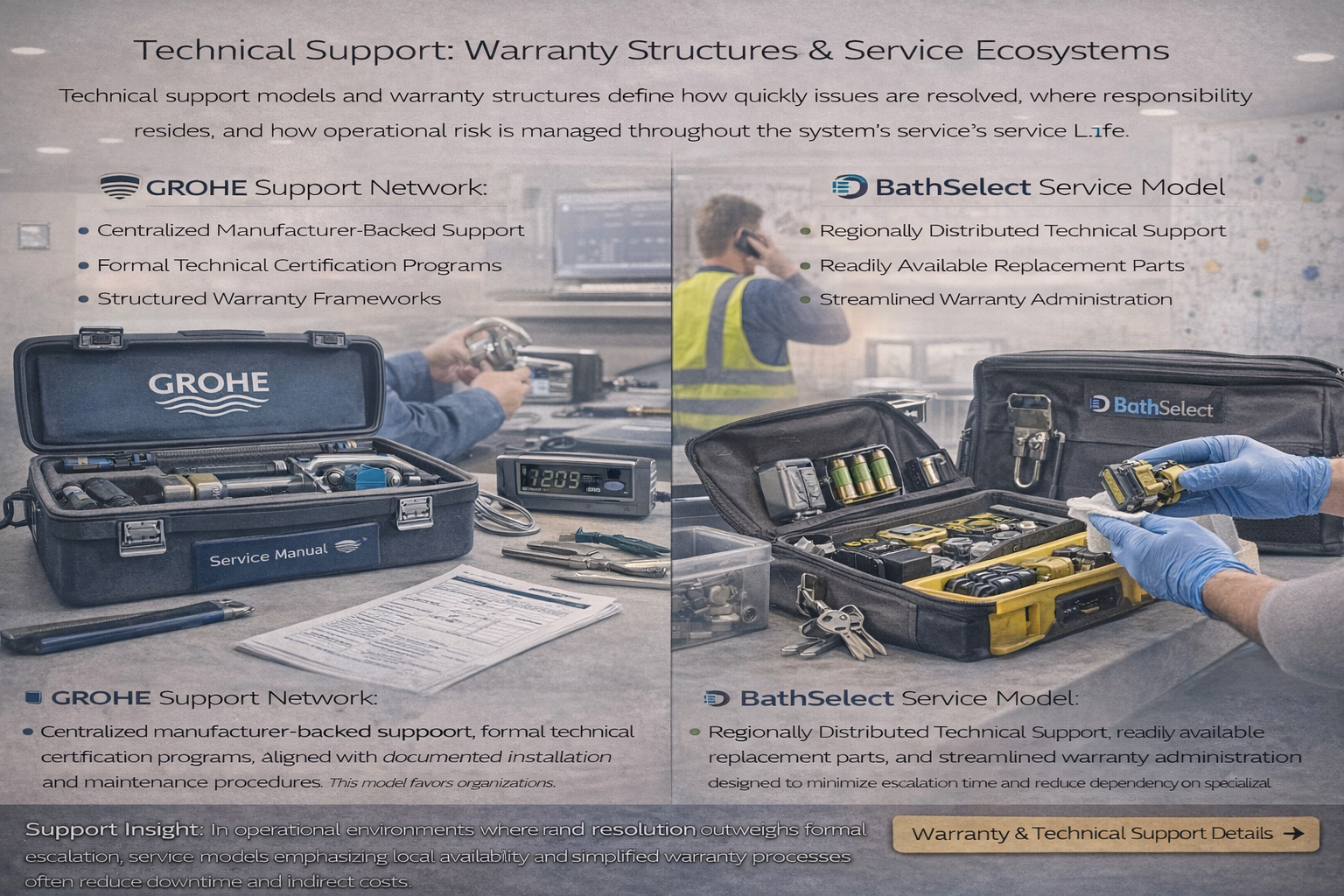 Commercial touchless faucet technical support models illustrating warranty structures, service escalation paths, and parts availability